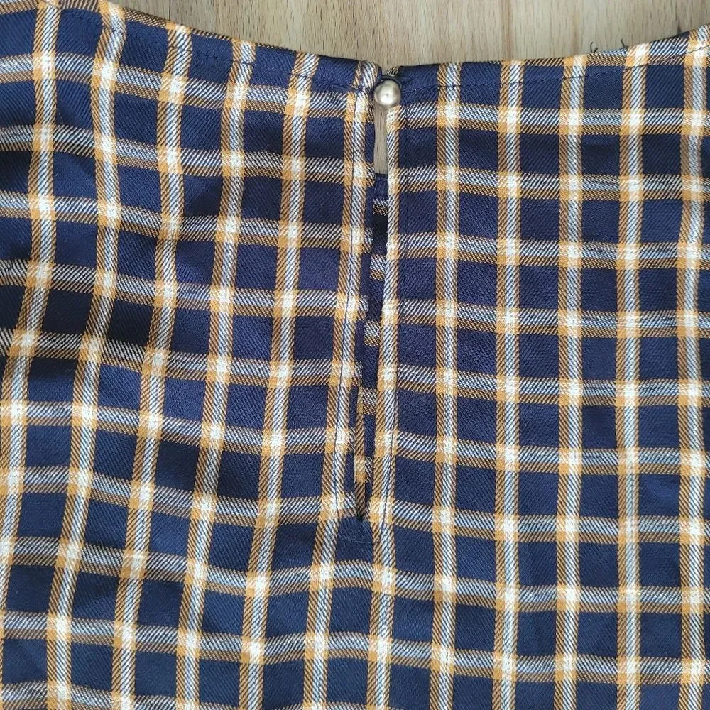 LOFT Blue Gold Plaid Puff Sleeve Blouse XS Business Casual Coquette Top